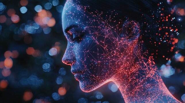 Woman's digital face, glowing lines, bokeh background, AI concept.