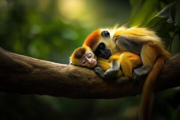 Two golden monkeys cuddling on a tree branch, sleeping peacefully in a lush green forest.