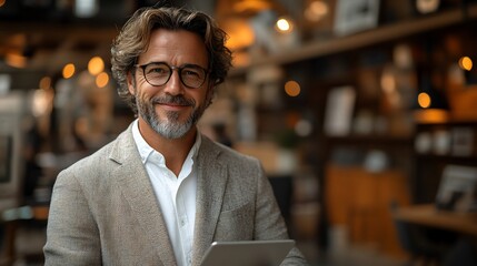 Obraz premium Confident man, tablet, office, bokeh, success