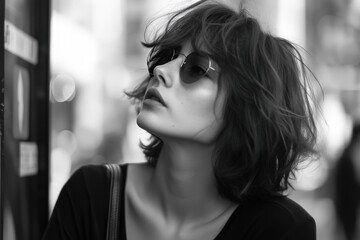 Black and white street photo of a young girl, woman in dark glasses looking at something