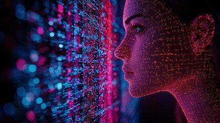 Woman's face with data overlay near digital screen.