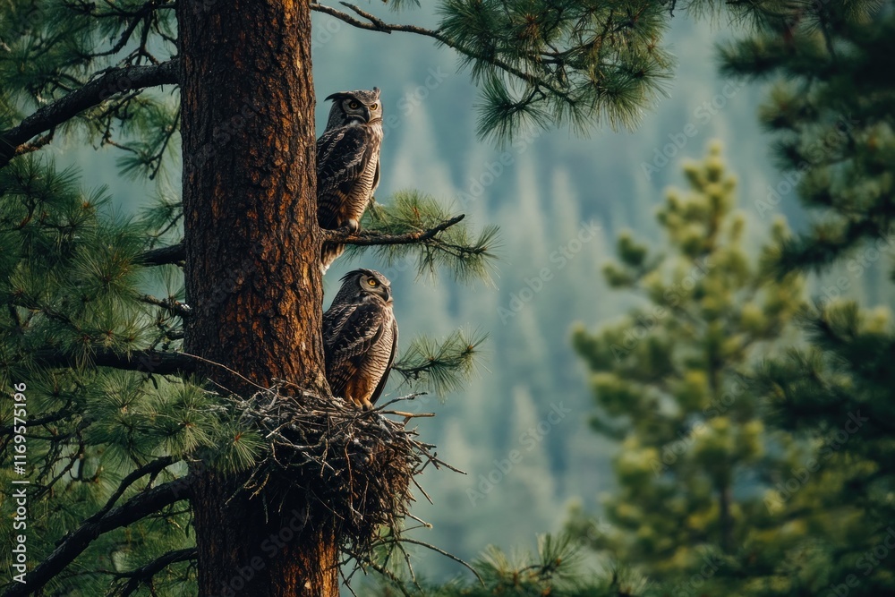 Poster two owls perched on a pine tree, one in a nest, the other on a branch, in a forest.