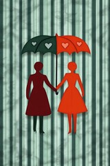 Couple in vibrant retro cartoon style holding hands under a heart-shaped umbrella with a striped background evoking a nostalgic 1950s atmosphere