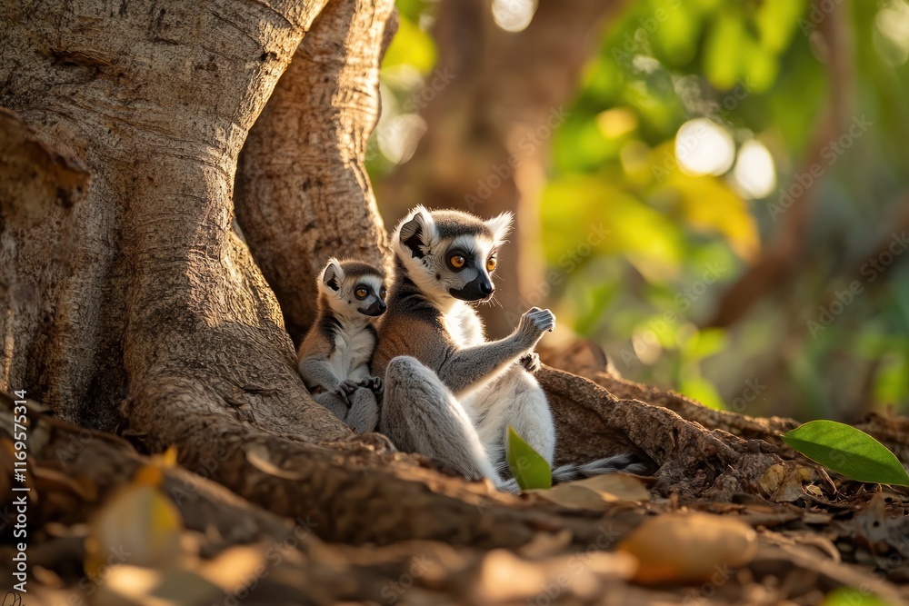 Poster ring-tailed lemur mother and baby resting under a tree in dappled sunlight.