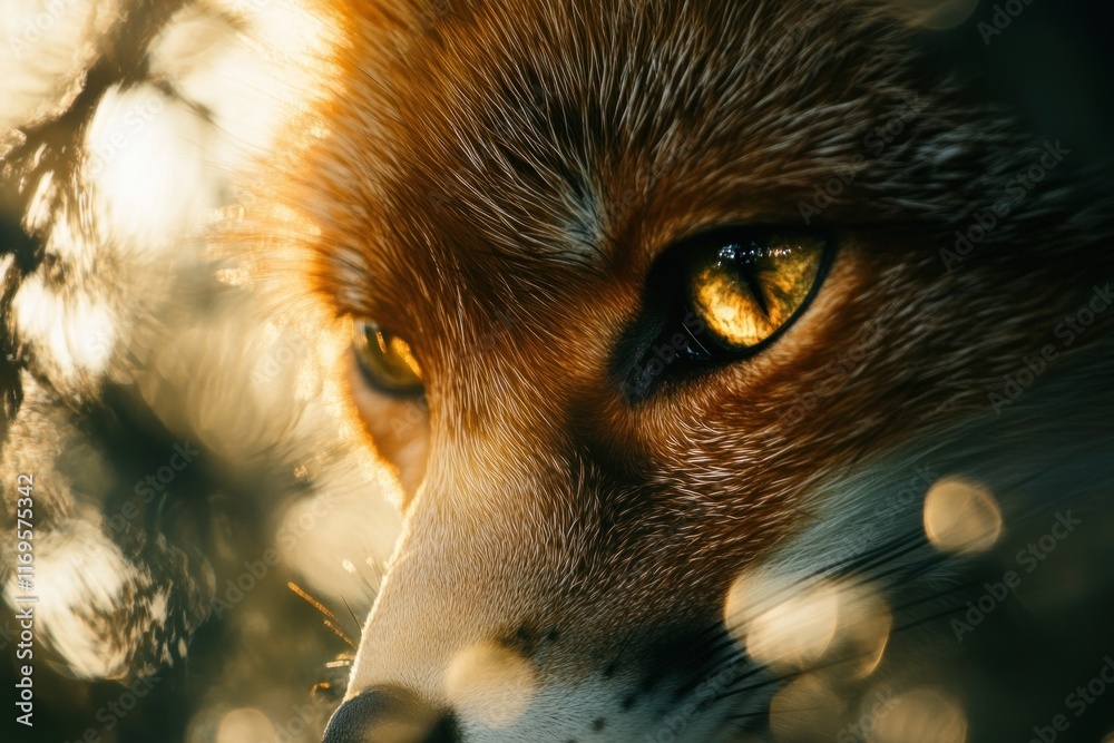 Poster close-up of a red fox's eye and face, illuminated by warm sunlight filtering through trees.