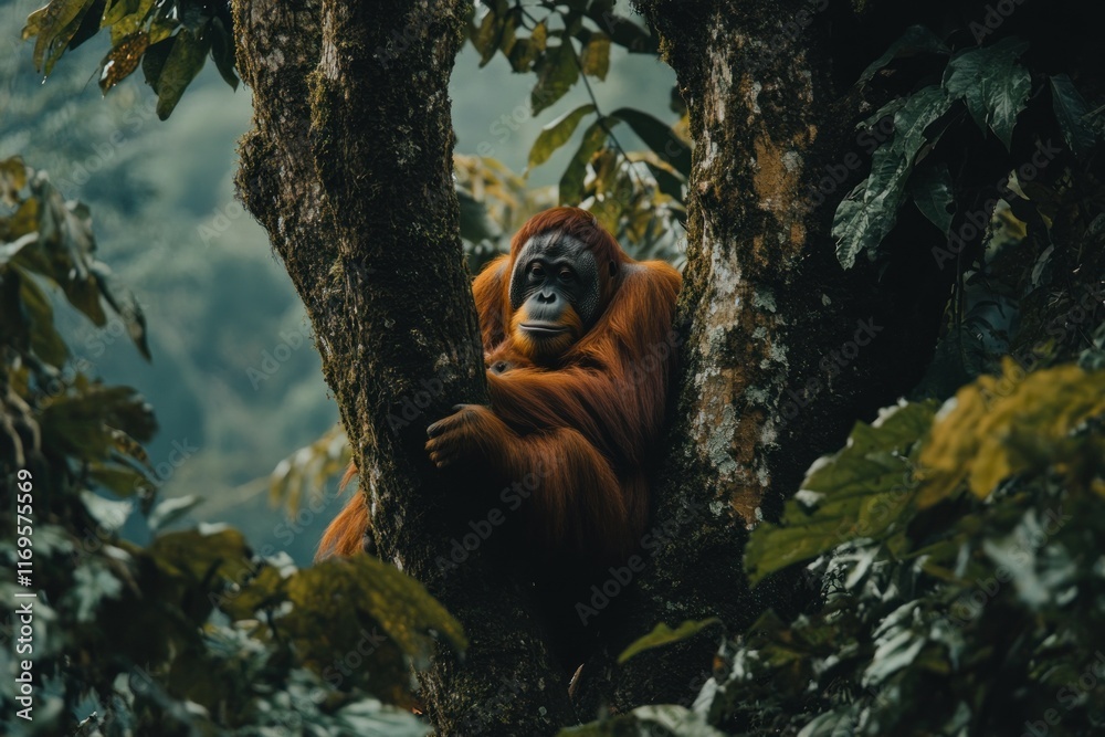 Poster orangutan resting in a lush rainforest tree, looking calmly at the camera.