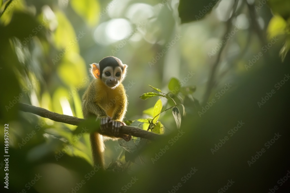 Poster a small, yellow and black squirrel monkey sits on a tree branch in a lush green forest.