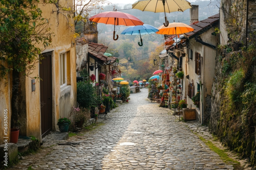 Poster colorful umbrellas float above a charming cobblestone street in a quaint european village.