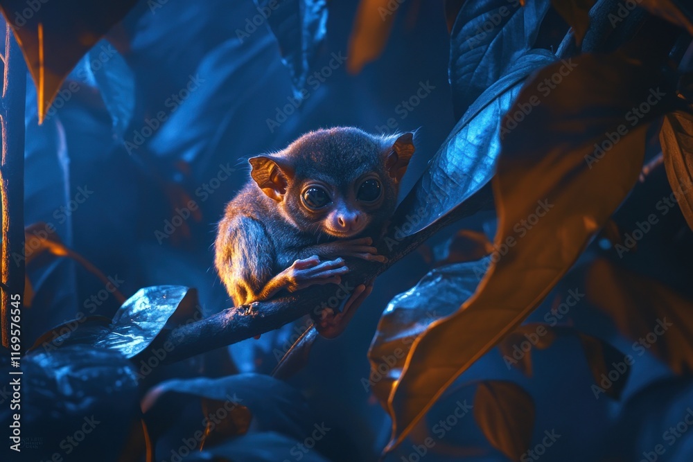 Poster a tiny tarsier primate sits on a branch at night, illuminated by warm and cool light.