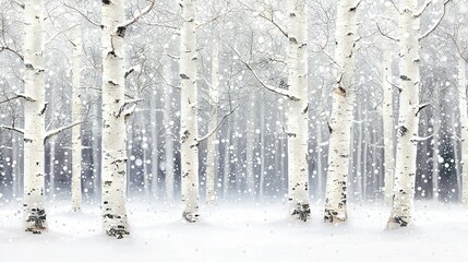  A snow-covered forest of many white trees adjacent to another forest of white trees, both covered in snow