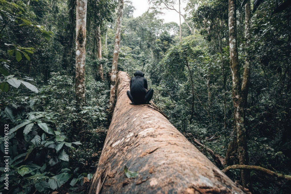 Poster black monkey sitting on a large fallen log in a lush green rainforest.