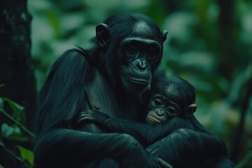 Bonobo mother tenderly cradles her infant in a lush, green rainforest habitat. (1)