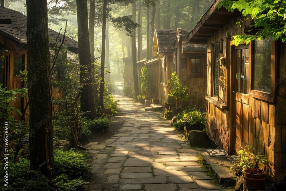 Poster sunlit path between rustic wooden cabins in a misty forest.