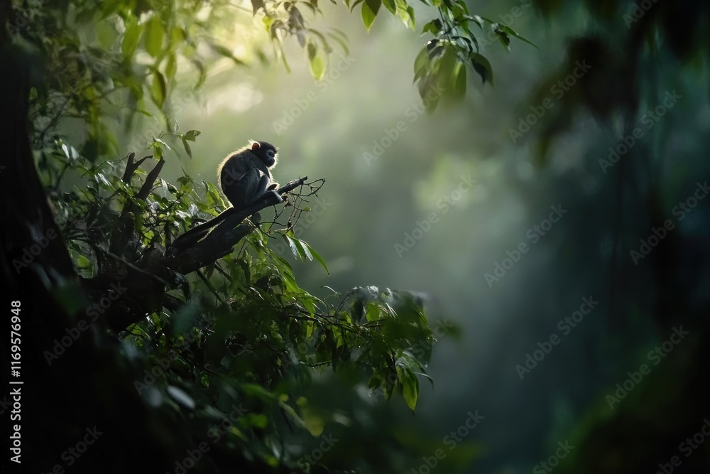 Poster monkey sits on a tree branch in a misty forest, sunlight filtering through leaves.
