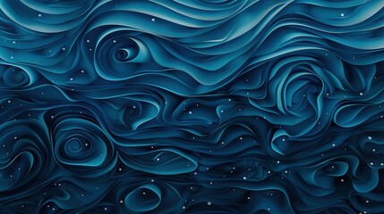 Obraz premium A painting of deep blue waves and shimmering stars against a midnight blue backdrop, illuminated by a single radiant white dot at its center