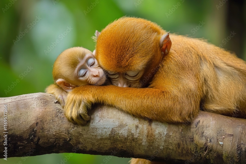 Poster two adorable reddish-brown monkeys cuddling and sleeping peacefully on a tree branch in a lush green