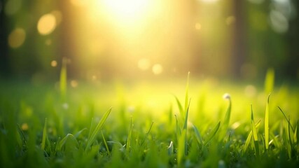 Lush green grass blades in sunlight with golden bokeh. Fresh spring lawn close-up. Nature awakening scene. Environmental concept for eco-friendly lifestyle banner with copy space