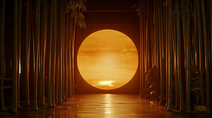 Sunlit bamboo forest path, serene, calm.