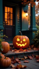 Obraz premium Intricately carved jack-o'-lantern glows on porch, surrounded by vibrant autumn foliage , halloween, spooky, brown