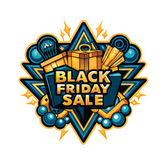 A bold and vibrant Black Friday sale logo with a blue and gold abstract swirl design.