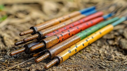 Colorful wooden sticks on ground.