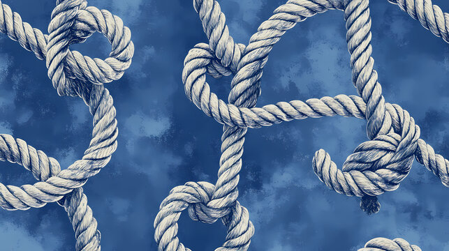 Seamless repetitive pattern background of hand-drawn nautical knots and ropes on a faded blue backdrop. Seafarer. Illustration