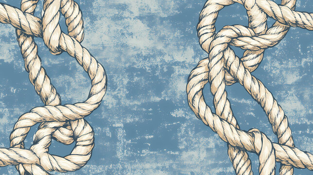 Seamless repetitive pattern background of hand-drawn nautical knots and ropes on a faded blue backdrop. Seafarer. Illustration
