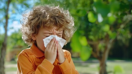 cute child sneezing outdoors into a handkerchief. Picture for hay fever, cold, allergies