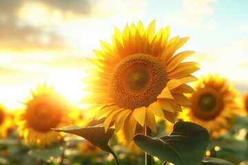 Obraz premium Sunflowers bloom brightly under a vibrant sunset sky in a rural field