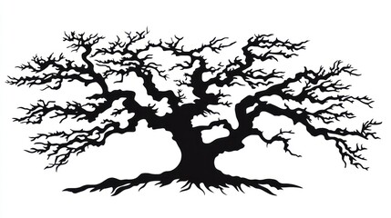 Silhouette Of A Barren Twisted Tree With Extensive Roots
