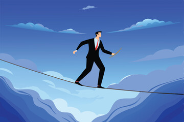 Businessman balancing on a tightrope between two cliffs, representing the challenges of risk management and investment protection.