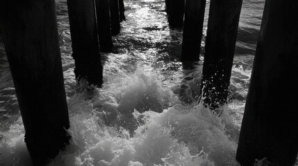Dynamic Waves Crashing Against Pier in High Contrast