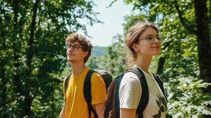 Two young adults hiking in a lush green forest, enjoying nature on a sunny day, wearing backpacks and glasses, representing outdoor adventure and relaxation.