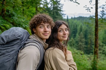 Naklejka premium A young man and woman hiking together in a lush green forest, smiling warmly, wearing matching grey outdoor jackets, and carrying backpacks, symbolizing friendship and adventure.