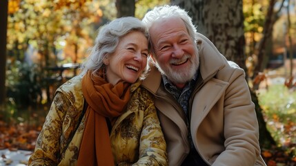 Happy senior couple enjoying a moment together outdoors in autumn, dressed warmly and smiling. Concept of love, happiness, and aging gracefully.