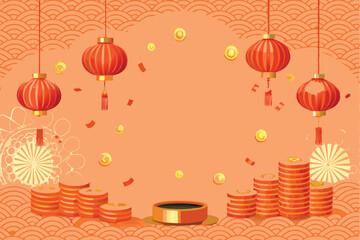 Illustration of Chinese lanterns, gold coins, and firecrackers on an orange background with a wave pattern.