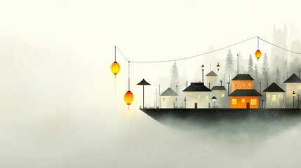 Fototapeta premium A house amidst foggy woods, illuminated by hanging lanterns