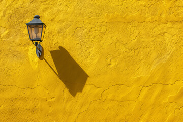 Traditional wrought iron outdoor light attached to a plain yellow exterior wall