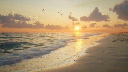 A peaceful beach with soft sand, gentle waves, and the sun setting on the horizon 