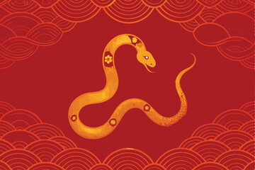 A decorative gold snake with stylized floral patterns, set against a red background with a pattern of overlapping concentric circles.