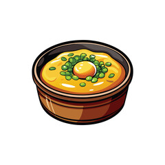 Close-up vector illustration of a bowl of smooth steamed egg custard with a whole egg yolk in the center, surrounded by green garnishes.