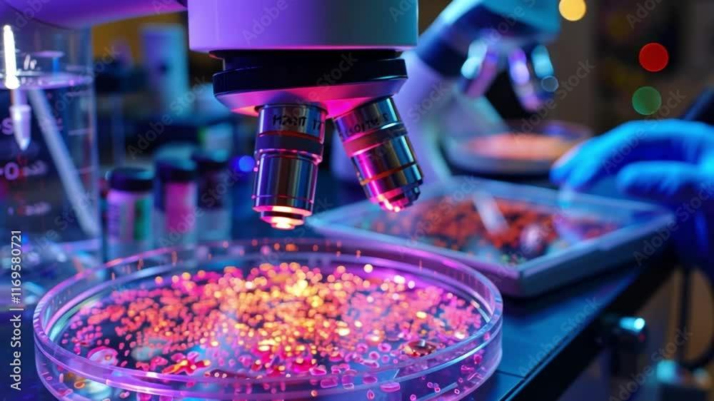 Aufkleber A close-up view showcases a microscope analyzing colorful stem cell cultures in petri dishes. Bright lights enhance the intricate details of the cellular structures in a laboratory setting.