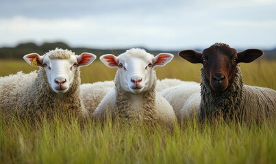 Obraz premium Three sheep, different colors, grassy field.