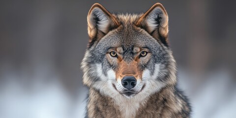 Fototapeta premium Majestic Close-Up Portrait of a Lone Wolf with Intense Gaze, Detailed Fur Texture, and Piercing Eyes Illustrating the Beauty of Wildlife in Natural Habitat