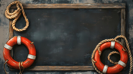 Maritime chalkboard decor, maritime objects like ropes and lifebuoys on chalkboard, day of the seafarer theme with space for text. Seafarer. Illustration