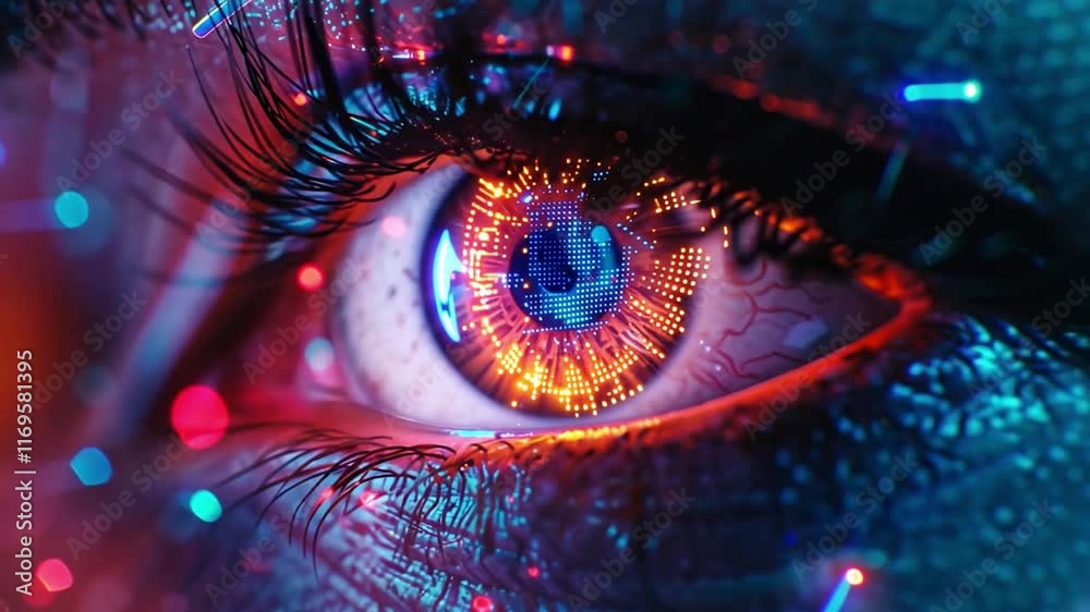Aufkleber a close-up of a human eye featuring intricate circuit patterns and vivid colors.