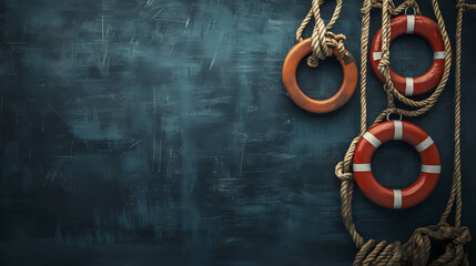 Nautical classroom decor, nautical objects like ropes and lifebuoys on a blackboard, with day of the seafarer theme and space for text. Seafarer. Illustration