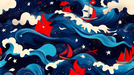 Nautical pattern with sailing ships, waves, and celestial elements. Seafarer. Illustration