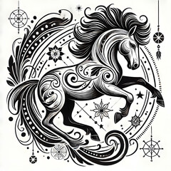 mandala horse design tattoo Outline vector logo illustration t-shirt design, isolated on white background