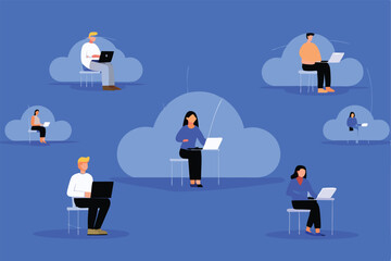 Illustration depicting remote workers using cloud computing.